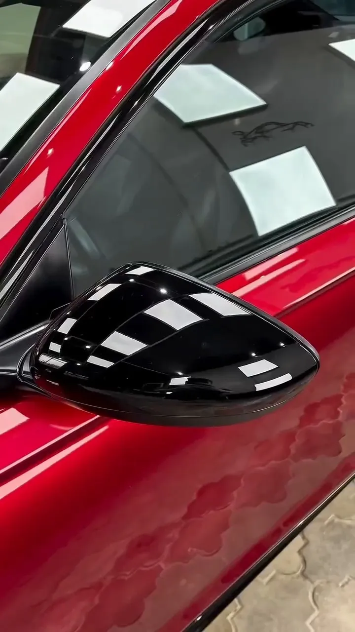 Close-up of a glossy side mirror after paint correction